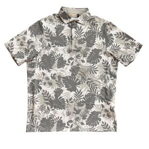 Kjus Men Golfer Polo shirt Gray White Tropical Leaf Print Size Large Comfort Fit